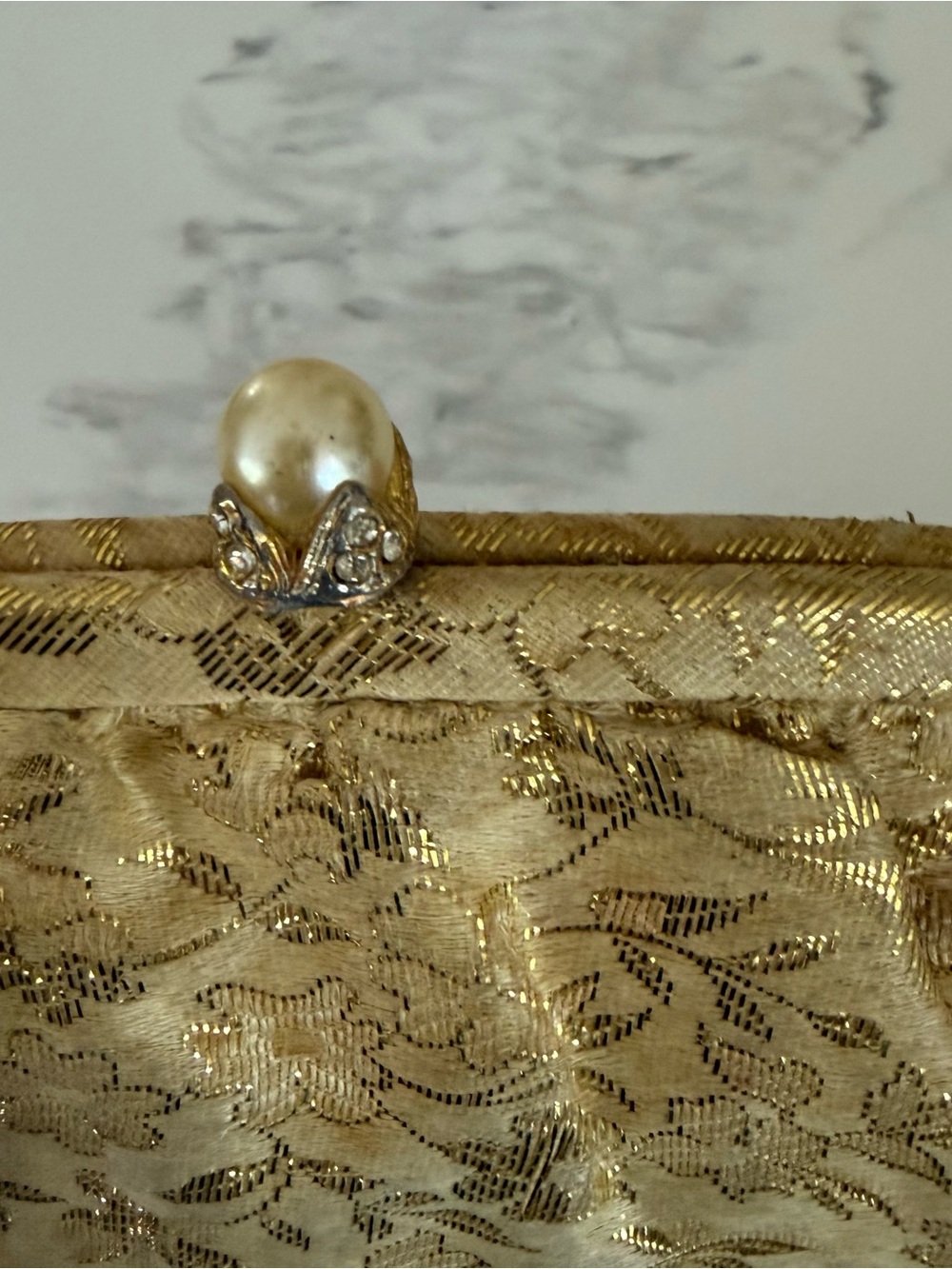 Gold Jacquard Pearl-Clasp Evening Clutch - Picture 4 of 7